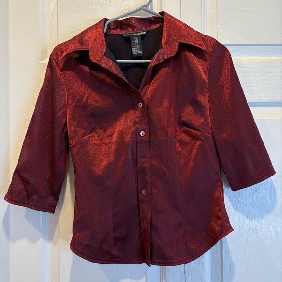 Vintage Red Metallic Jonathan Martin 3/4 Sleeve Button Up Blouse - Size Small - Picture 1 of 4